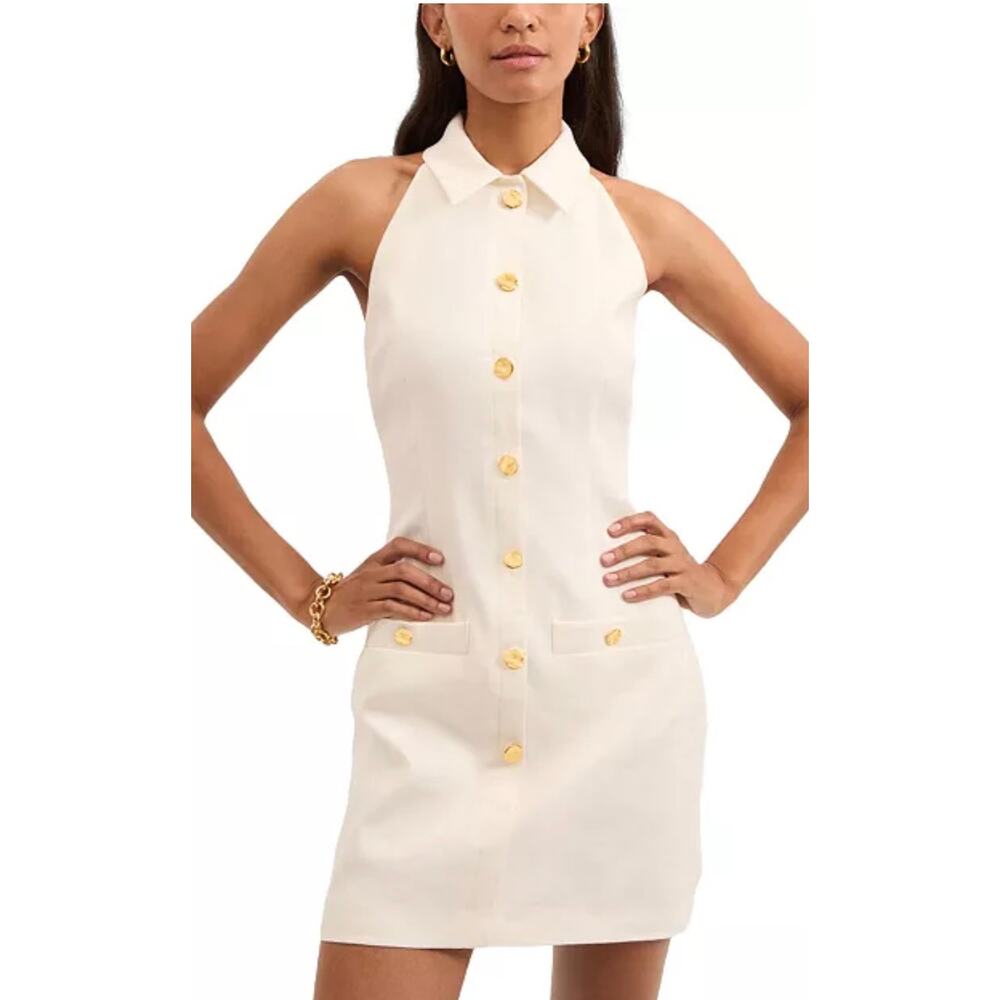 Veronica Beard Cream Halter Midi Dress with Gold Buttons